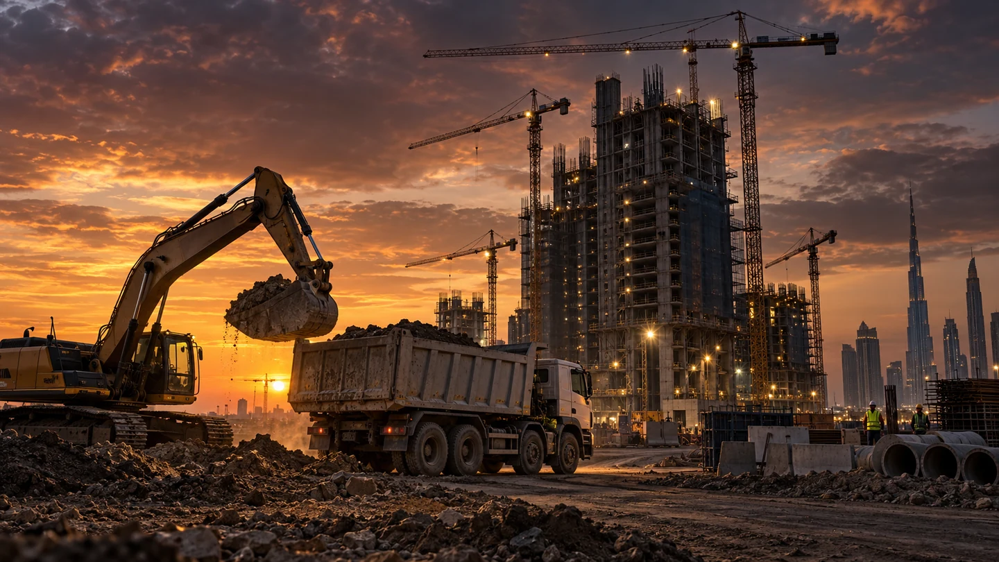 Cinematic general construction site at sunset